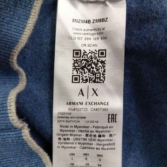 Armani Exchange Sweater Mens Large Heather Blue V-Neck Cotton Cashmere Pullover - Picture 7 of 9